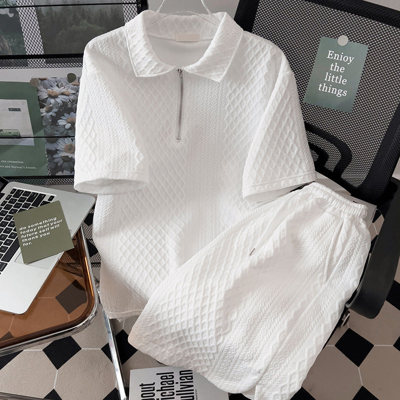 Stylish Polo Collar Sports Suit Men's Summer Pure Color Short-Sleeved Wide-Leg