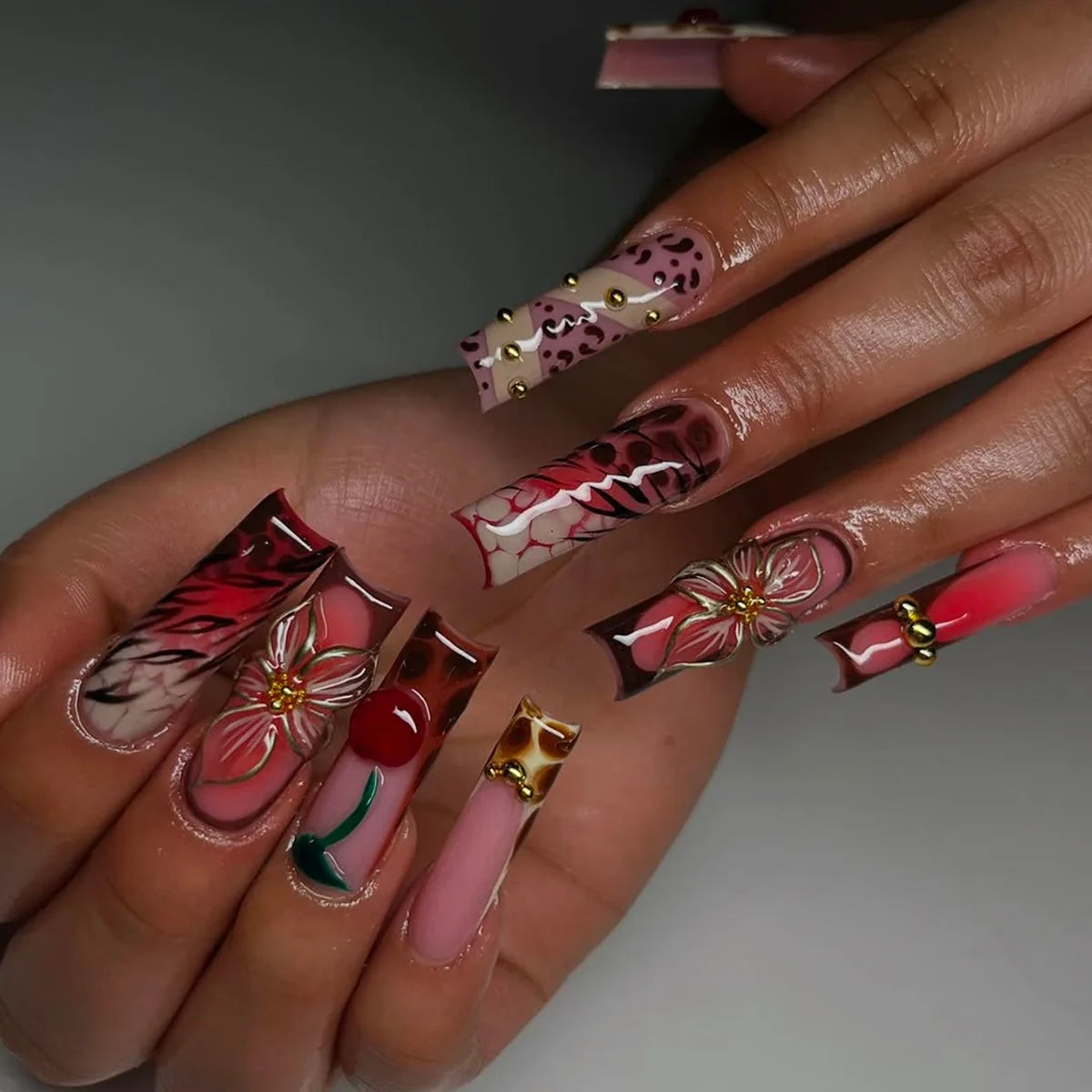 24Pcs Long Square Press on Nails Leopard Print French 3D Cherry
