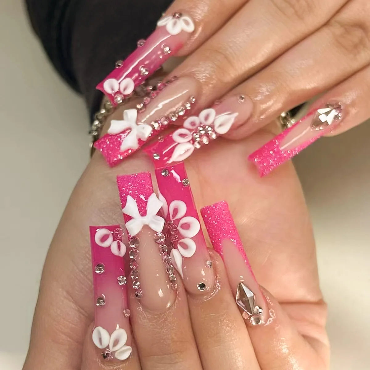 24Pcs Long Square Press on Nails Leopard Print French 3D Cherry