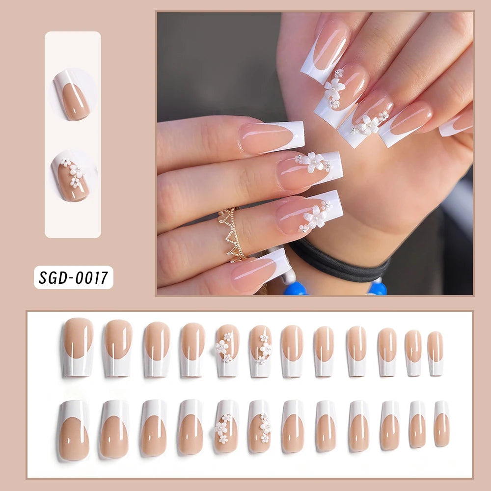 24pcs White French Ballet Nails 3D Acrylic Flowers Silver Caviar Beads Press on Nails