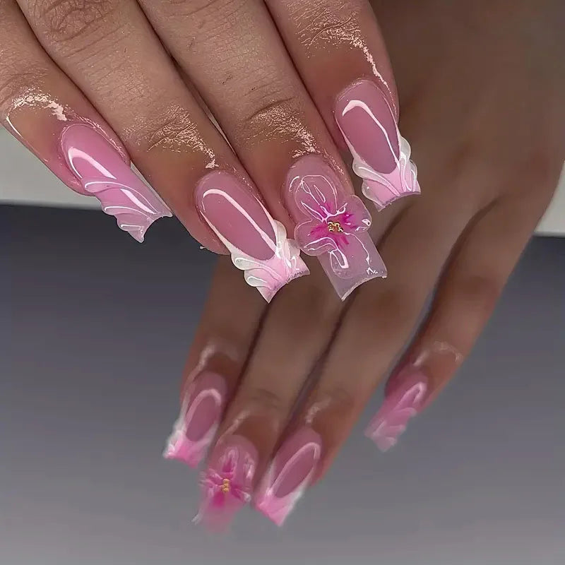 24pcs White French Ballet Nails 3D Acrylic Flowers Silver Caviar Beads Press on Nails