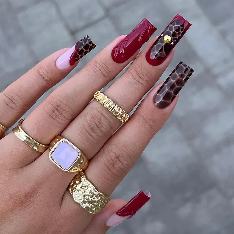 24Pcs Long Square Press on Nails Leopard Print French 3D Cherry