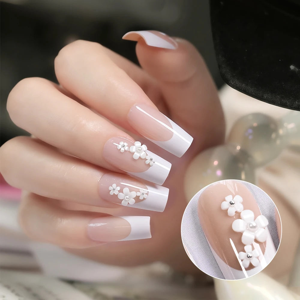 24pcs White French Ballet Nails 3D Acrylic Flowers Silver Caviar Beads Press on Nails
