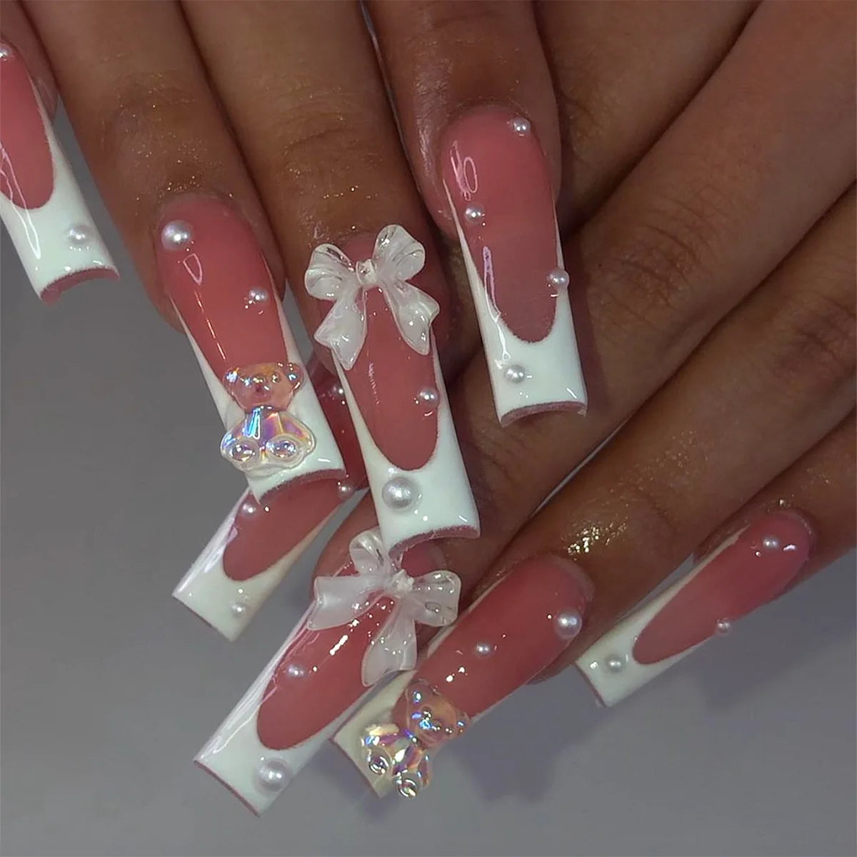 24Pcs Long Square Press on Nails Leopard Print French 3D Cherry