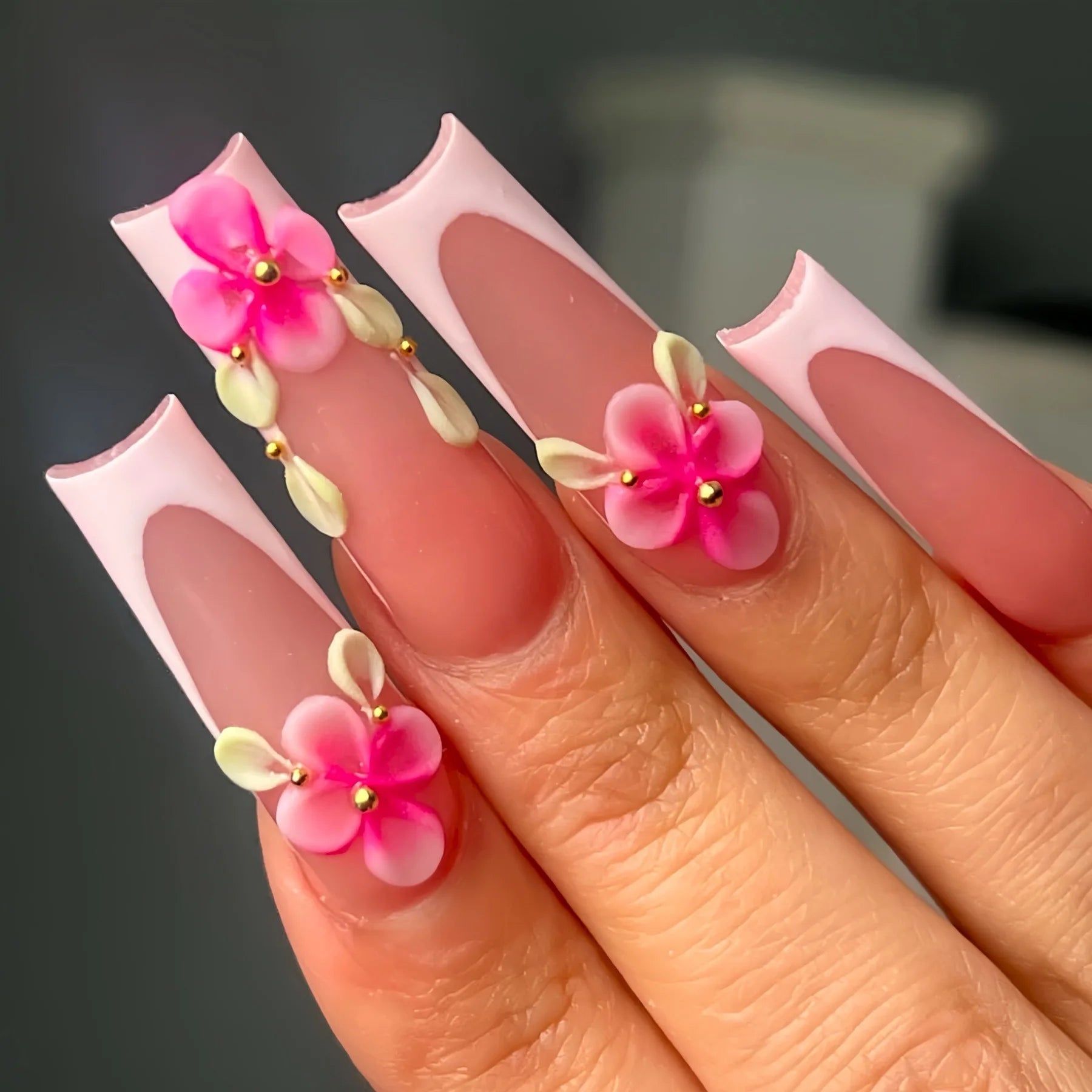 24Pcs Long Square Press on Nails Leopard Print French 3D Cherry