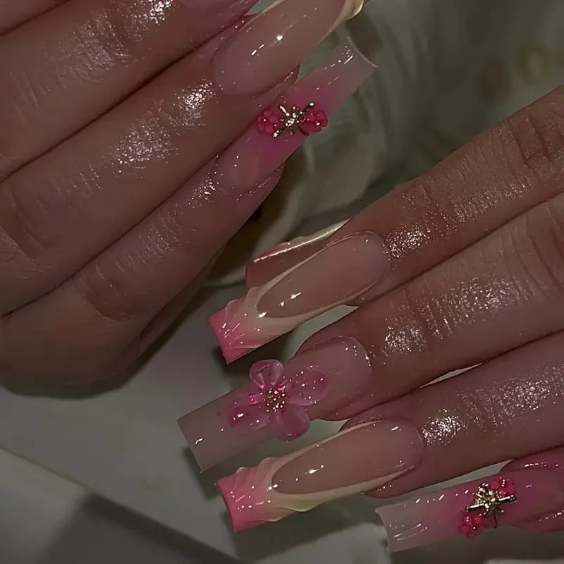 24Pcs Long Square Press on Nails Leopard Print French 3D Cherry