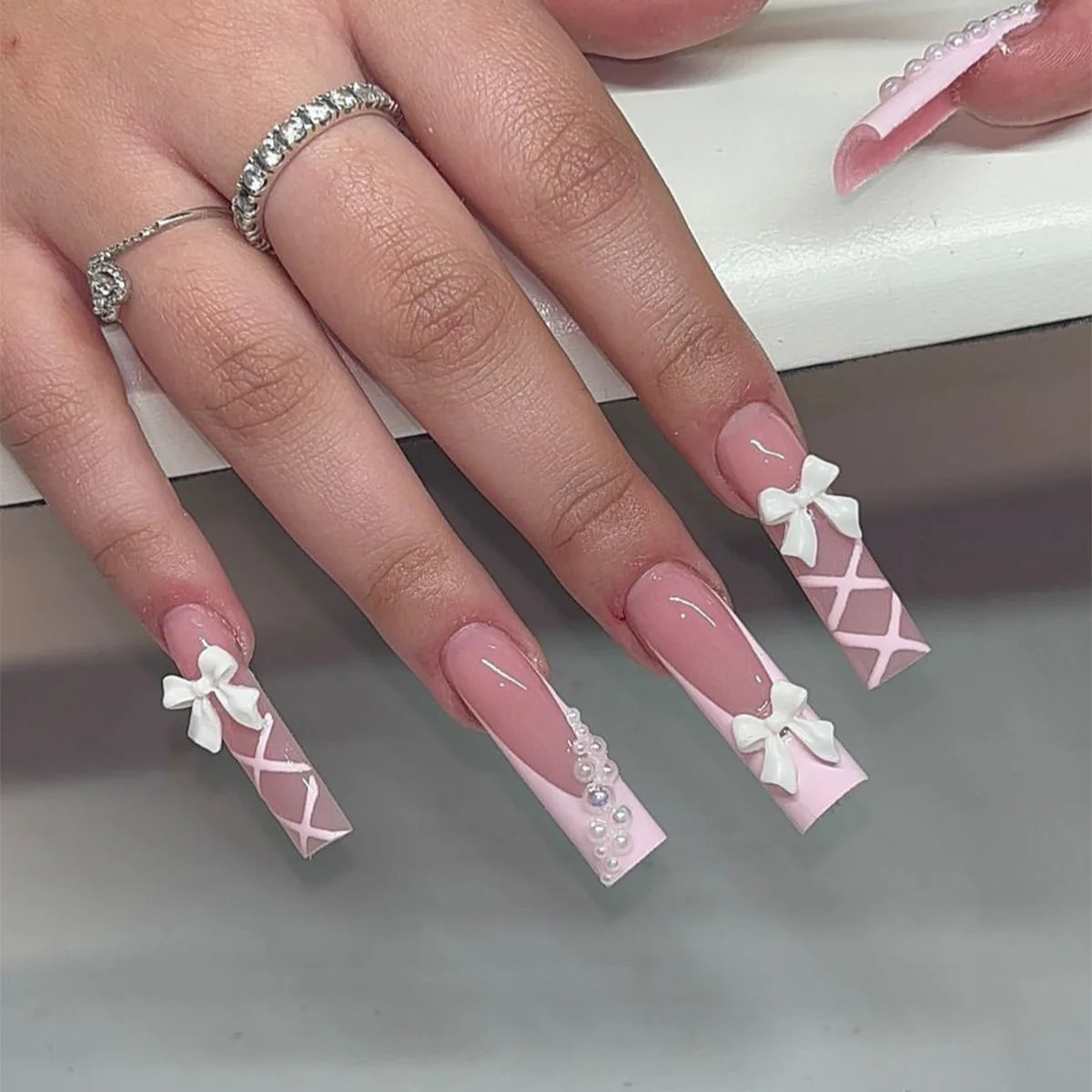24Pcs Long Square Press on Nails Leopard Print French 3D Cherry