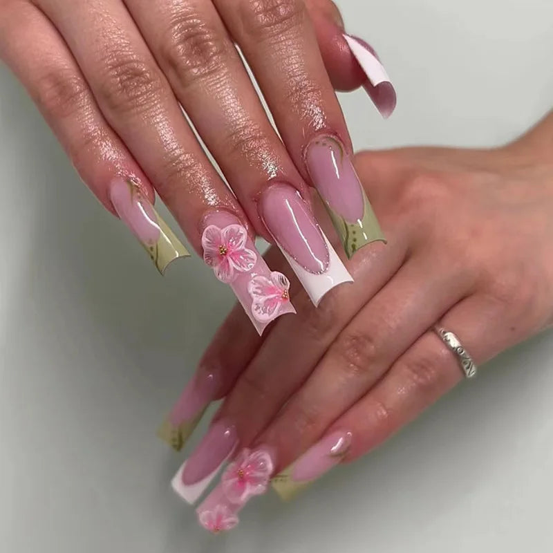 24Pcs Long Square Press on Nails Leopard Print French 3D Cherry