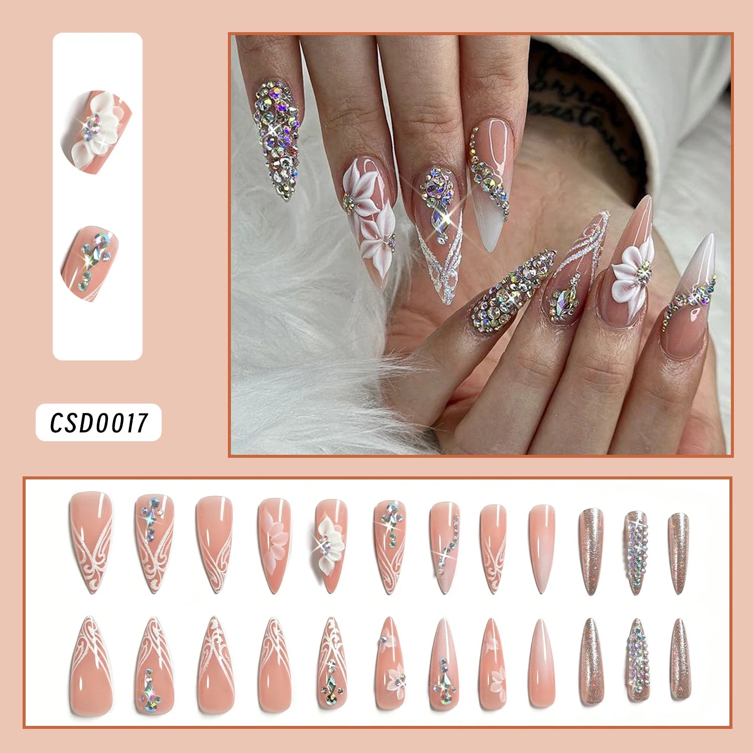 24pcs White French Ballet Nails 3D Acrylic Flowers Silver Caviar Beads Press on Nails