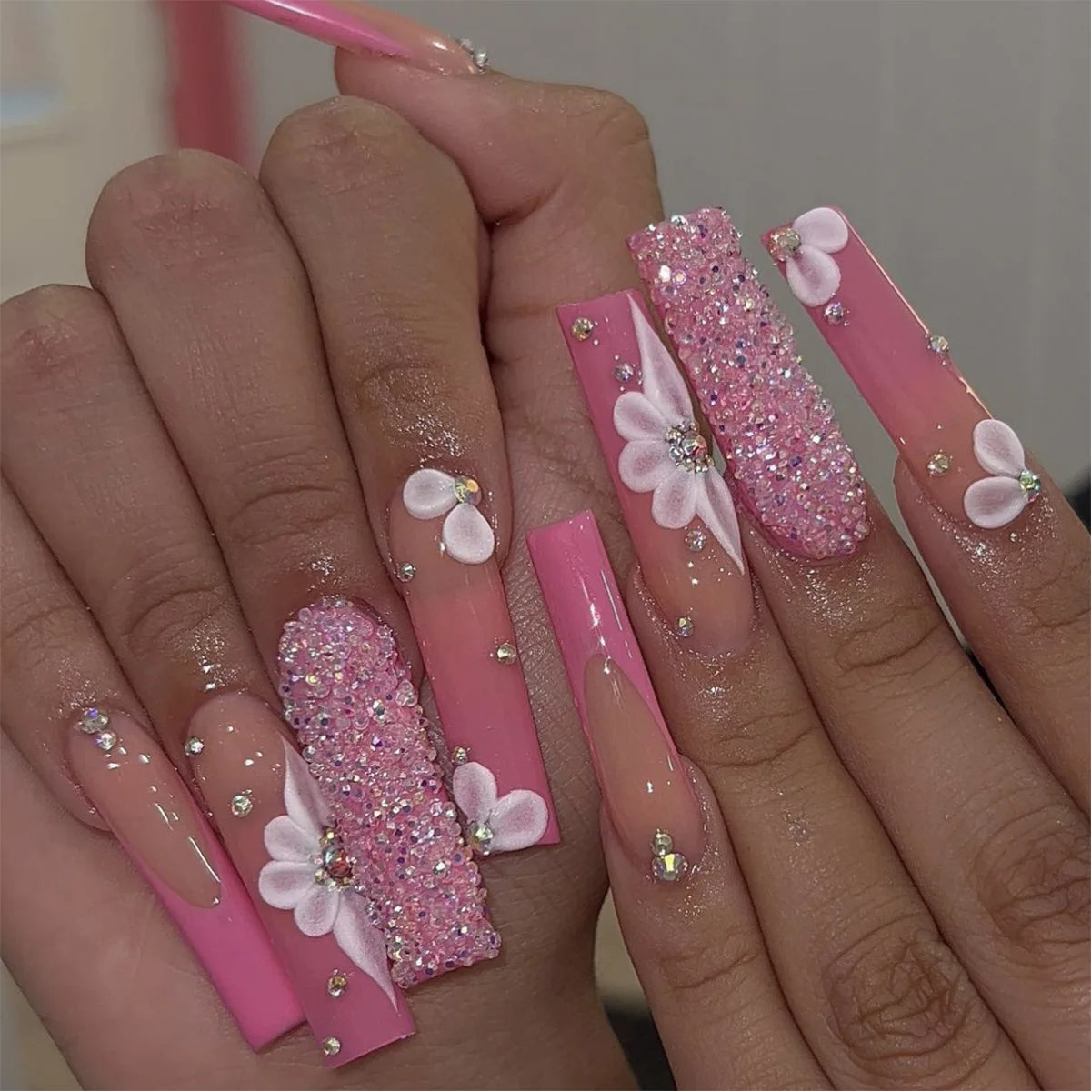 24Pcs Long Square Press on Nails Leopard Print French 3D Cherry