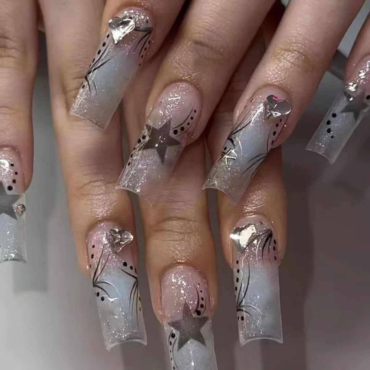 24Pcs Long Square Press on Nails Leopard Print French 3D Cherry