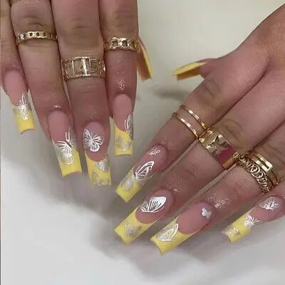 24Pcs Long Square Press on Nails Leopard Print French 3D Cherry