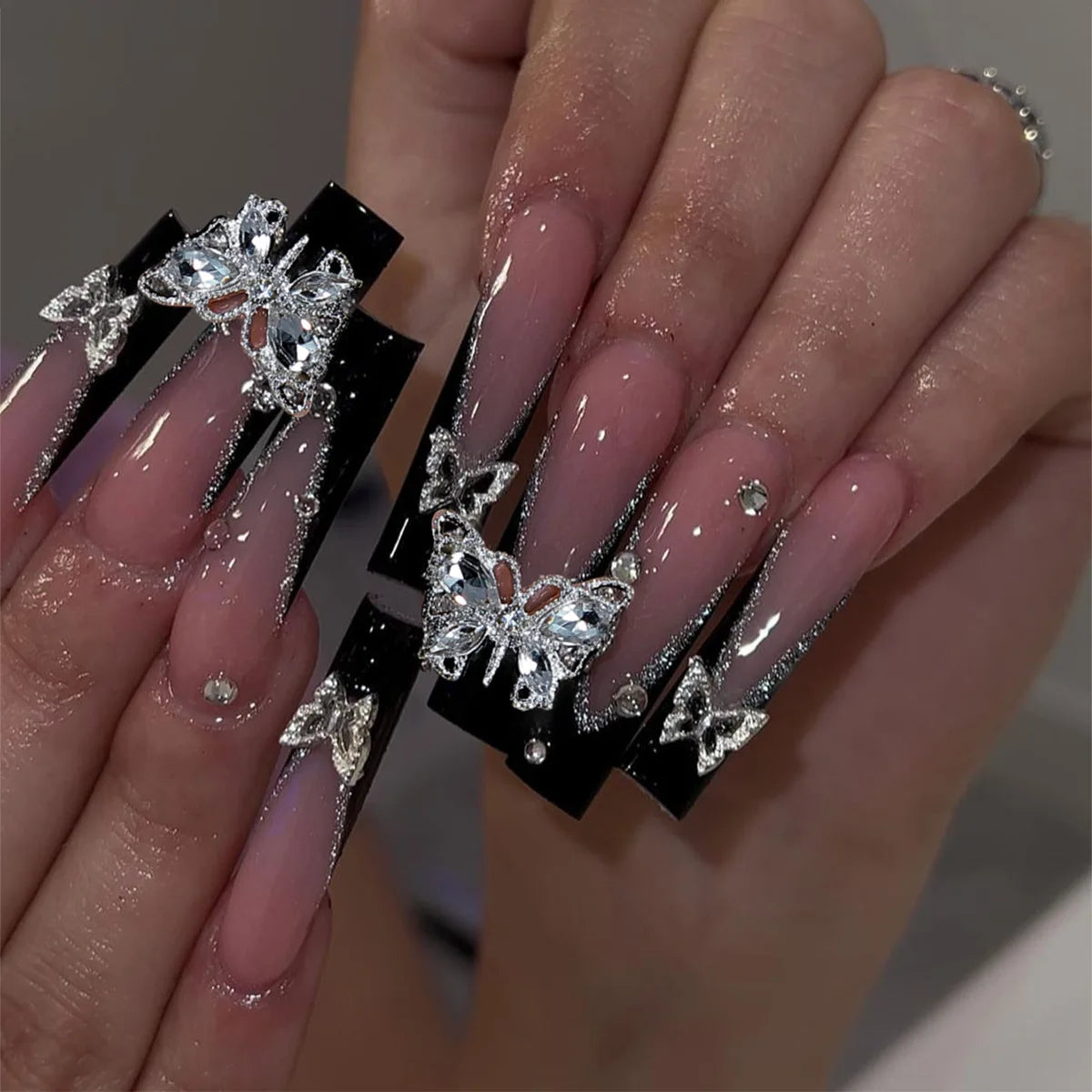 24Pcs Long Square Press on Nails Leopard Print French 3D Cherry