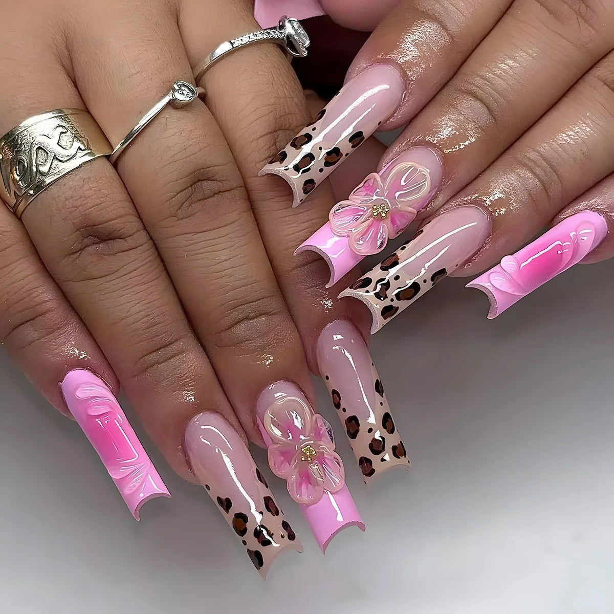 24Pcs Long Square Press on Nails Leopard Print French 3D Cherry