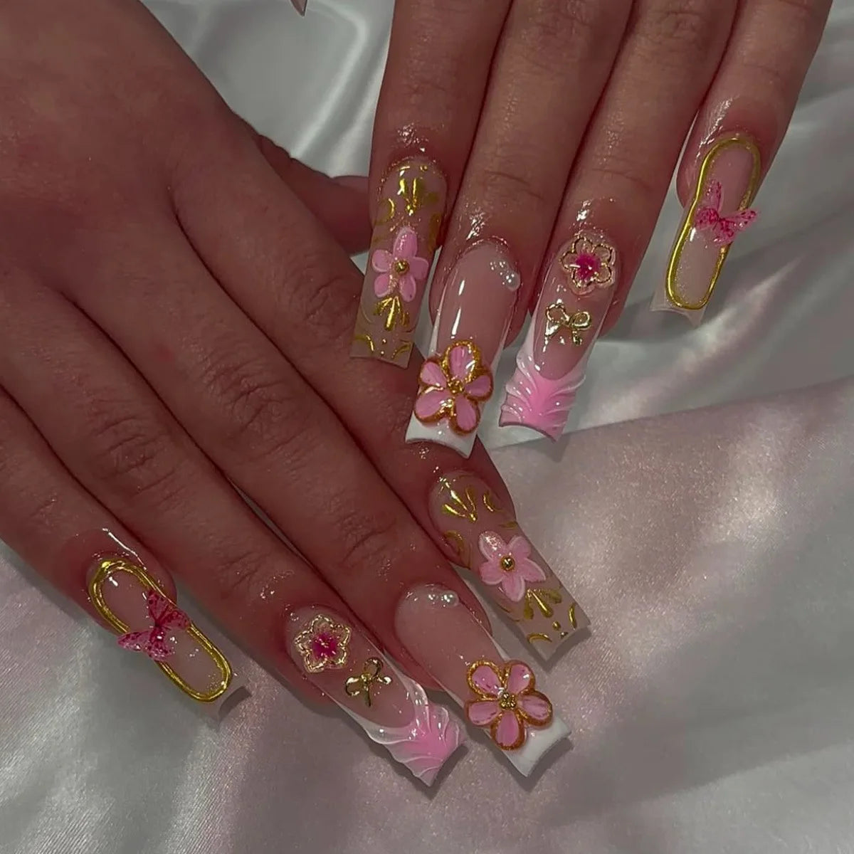 24Pcs Long Square Press on Nails Leopard Print French 3D Cherry