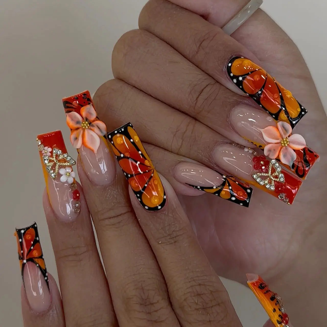 24Pcs Long Square Press on Nails Leopard Print French 3D Cherry