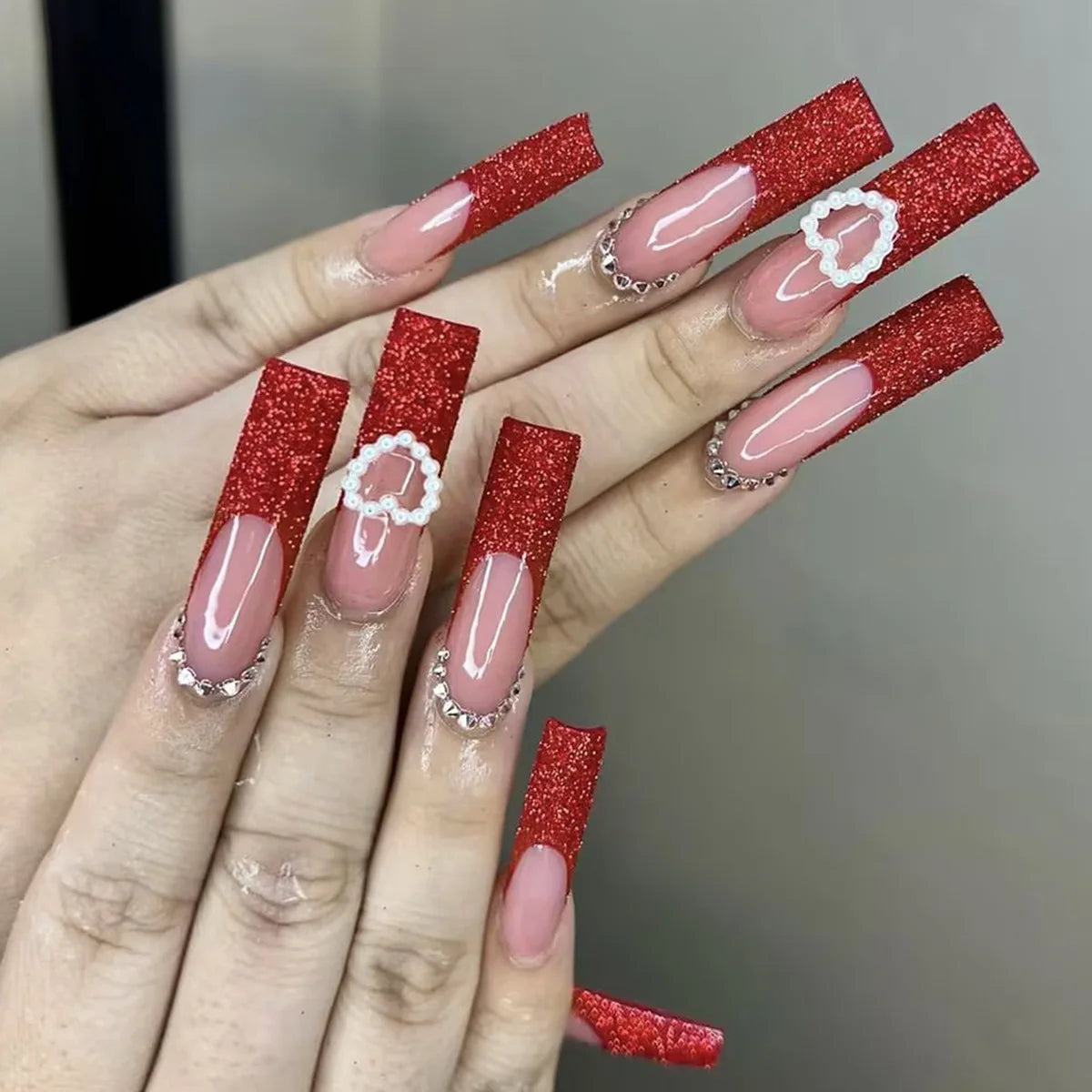 24Pcs Long Square Press on Nails Leopard Print French 3D Cherry