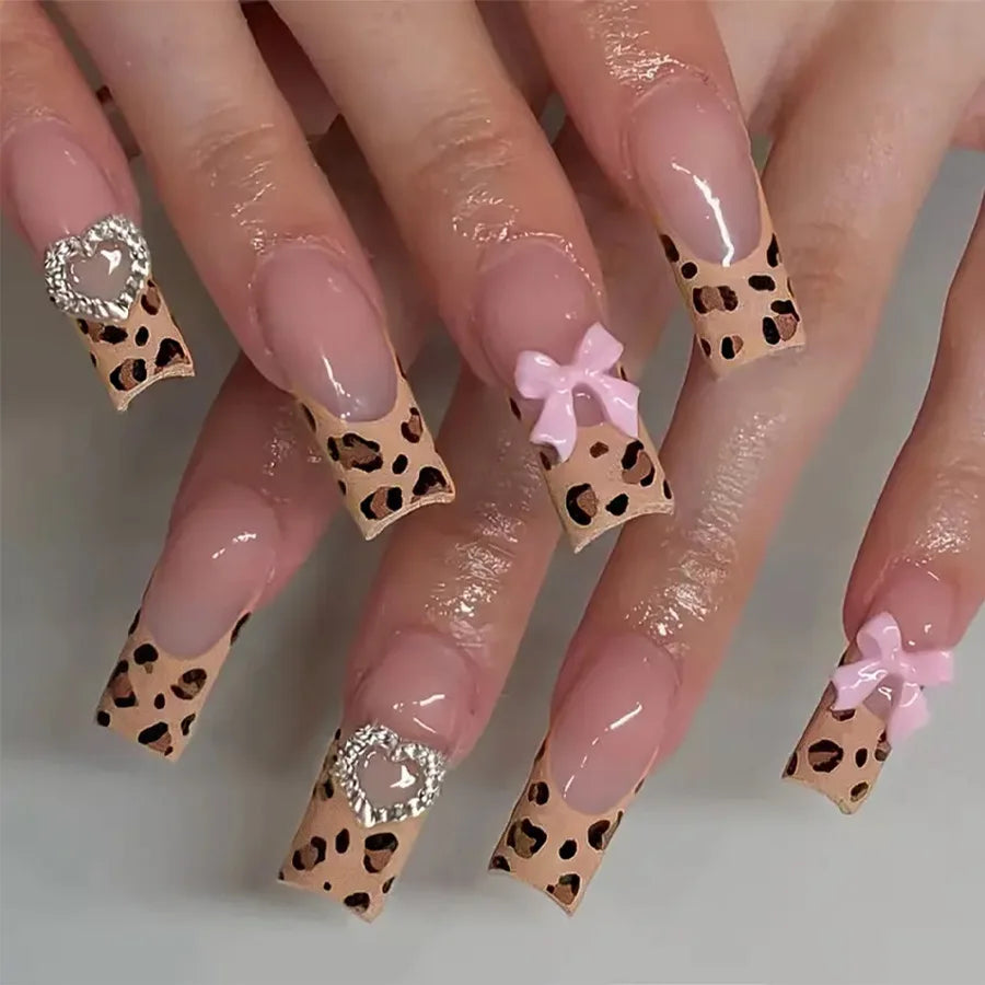 24Pcs Long Square Press on Nails Leopard Print French 3D Cherry