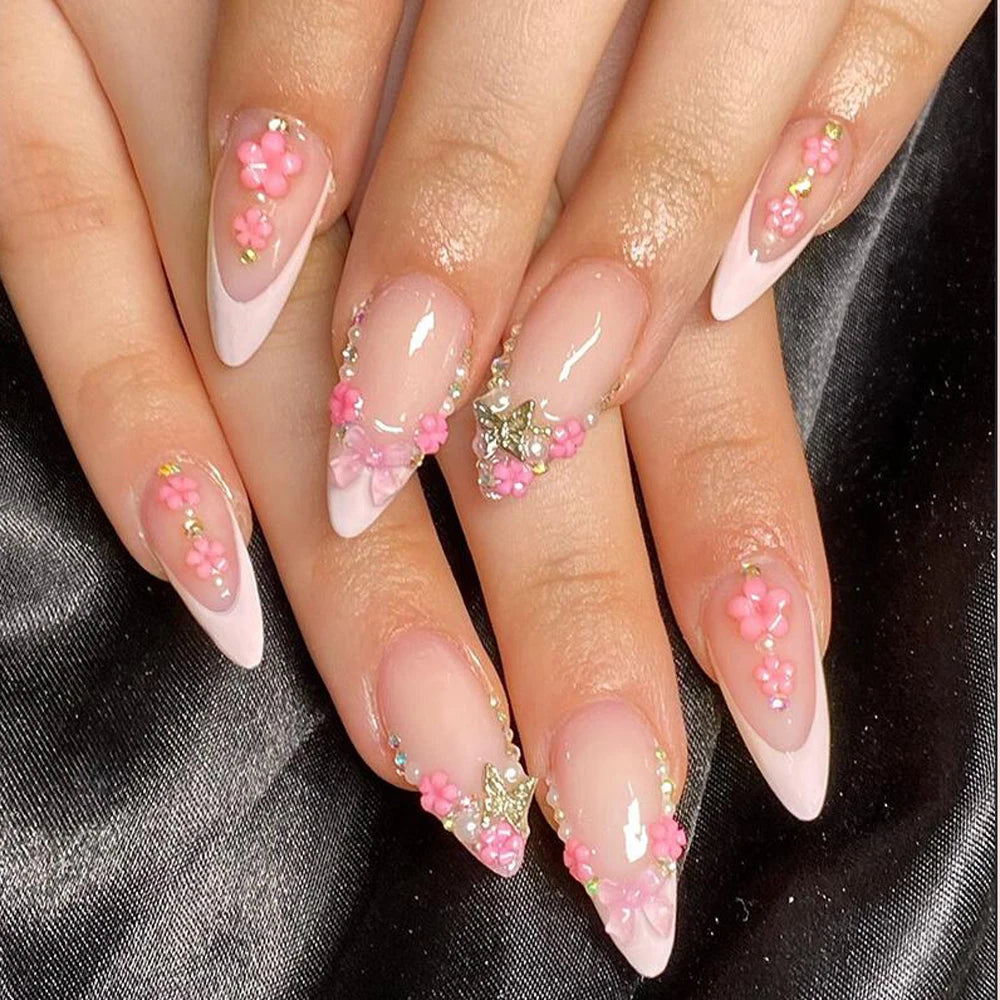 24pcs White French Ballet Nails 3D Acrylic Flowers Silver Caviar Beads Press on Nails