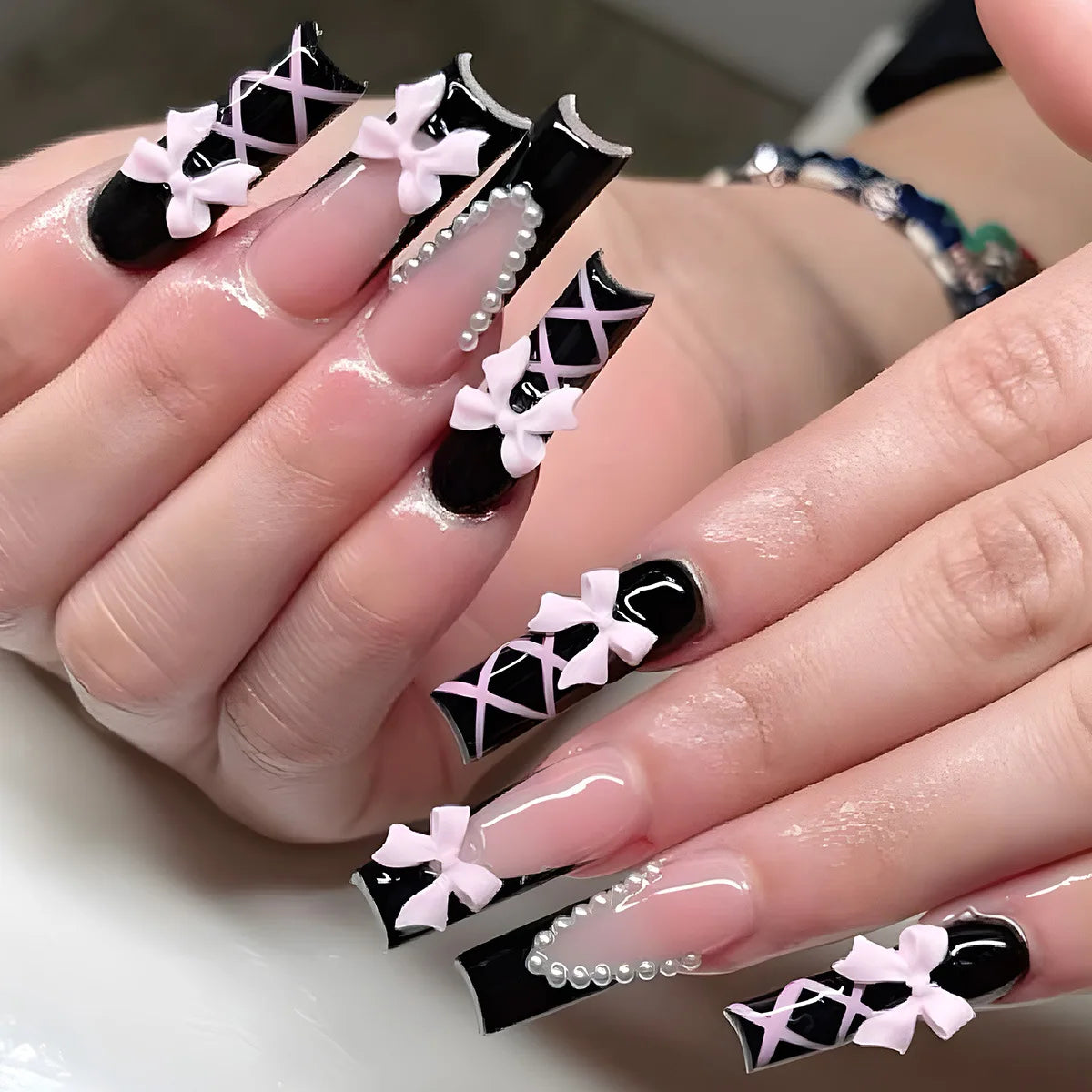 24Pcs Long Square Press on Nails Leopard Print French 3D Cherry