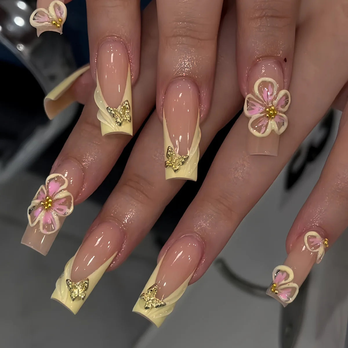24Pcs Long Square Press on Nails Leopard Print French 3D Cherry