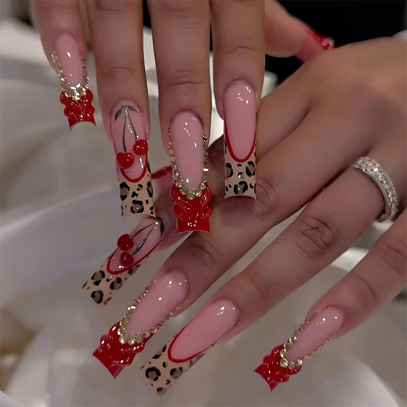 24Pcs Long Square Press on Nails Leopard Print French 3D Cherry