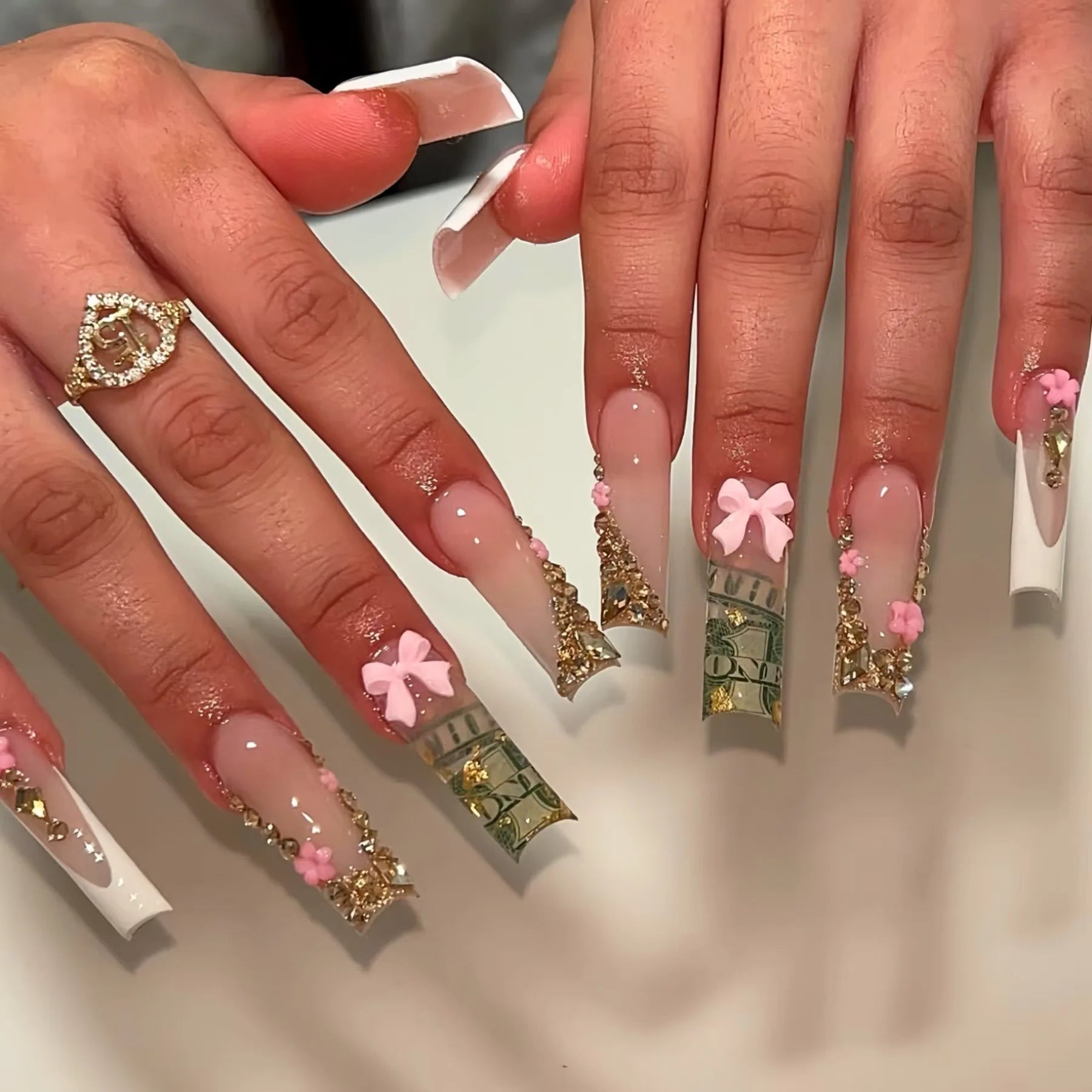 24Pcs Long Square Press on Nails Leopard Print French 3D Cherry