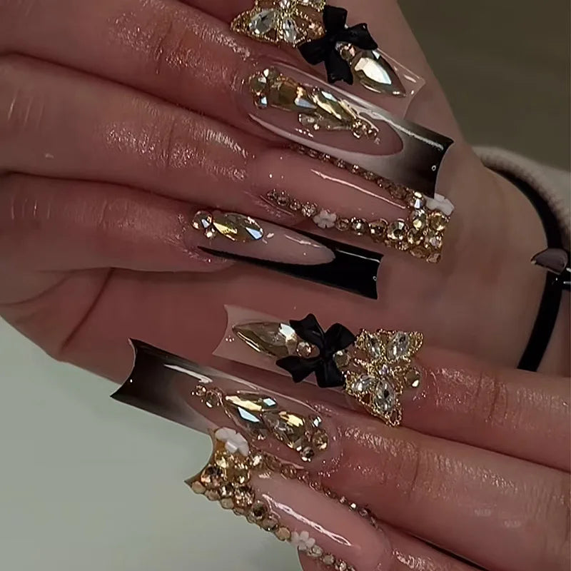 24Pcs Long Square Press on Nails Leopard Print French 3D Cherry