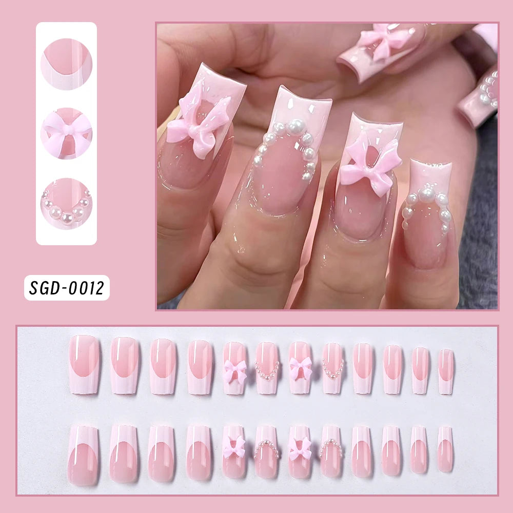 24pcs White French Ballet Nails 3D Acrylic Flowers Silver Caviar Beads Press on Nails