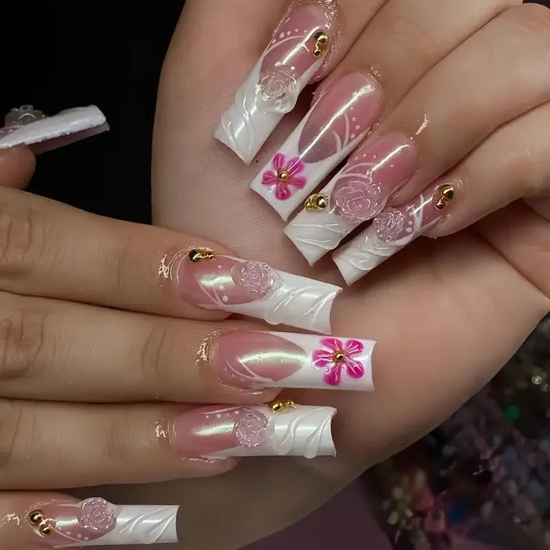24Pcs Long Square Press on Nails Leopard Print French 3D Cherry