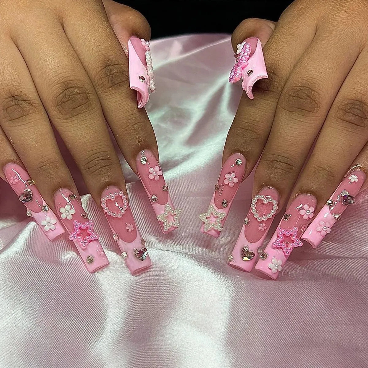 24Pcs Long Square Press on Nails Leopard Print French 3D Cherry