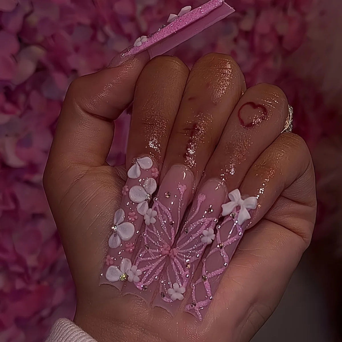 24Pcs Long Square Press on Nails Leopard Print French 3D Cherry