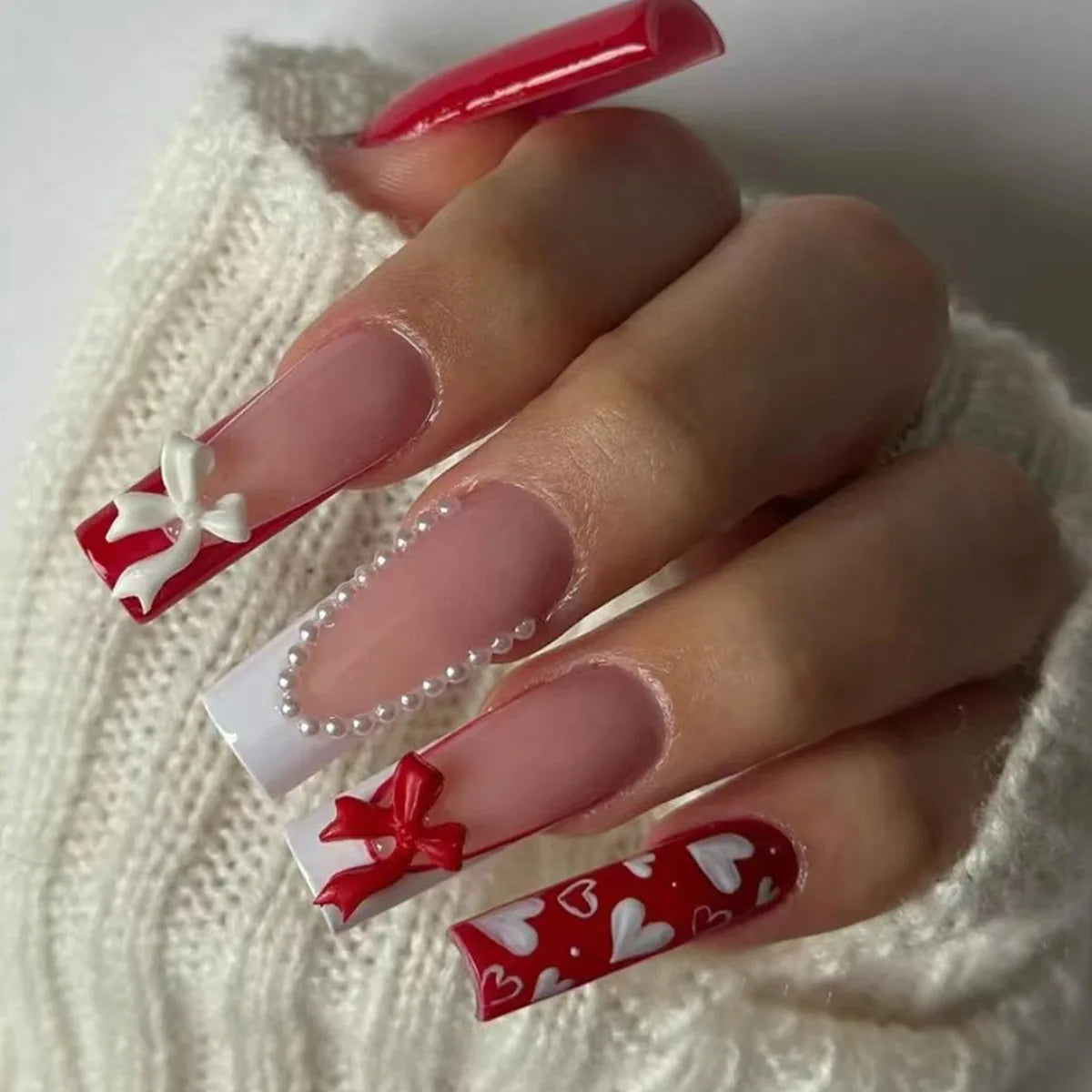 24Pcs Long Square Press on Nails Leopard Print French 3D Cherry