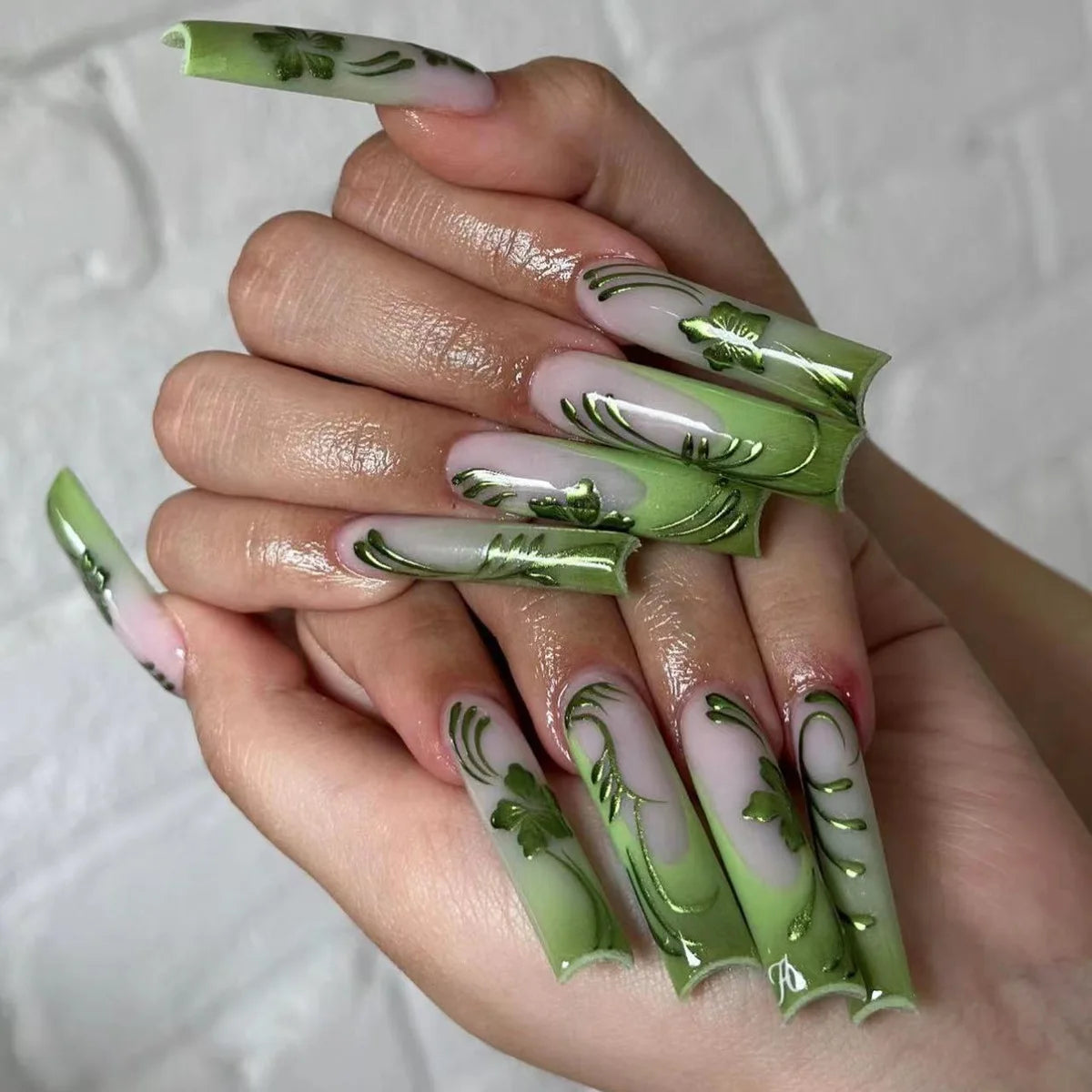 24Pcs Long Square Press on Nails Leopard Print French 3D Cherry