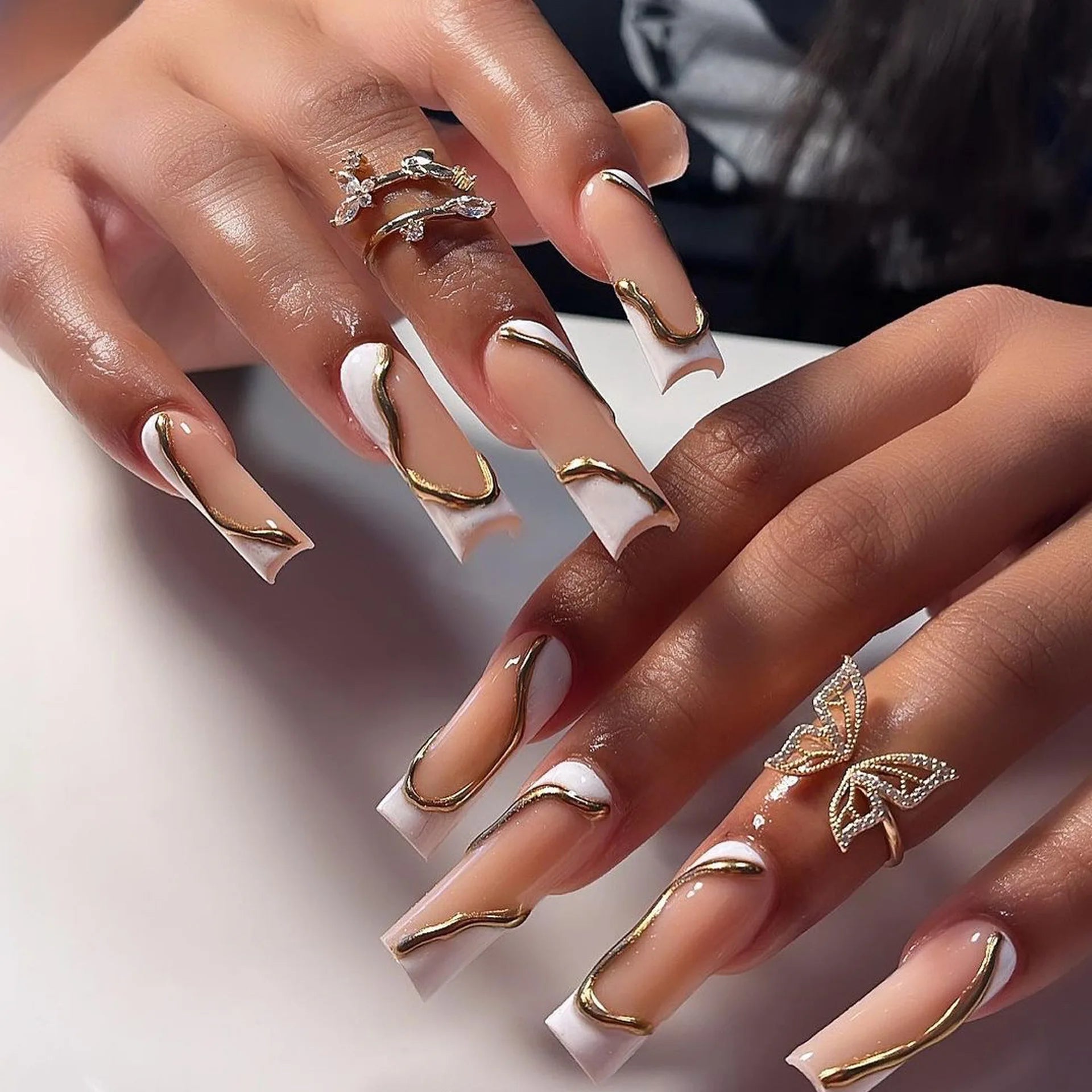 24Pcs Long Square Press on Nails Leopard Print French 3D Cherry