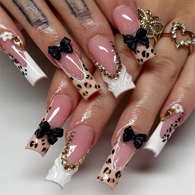 24Pcs Long Square Press on Nails Leopard Print French 3D Cherry