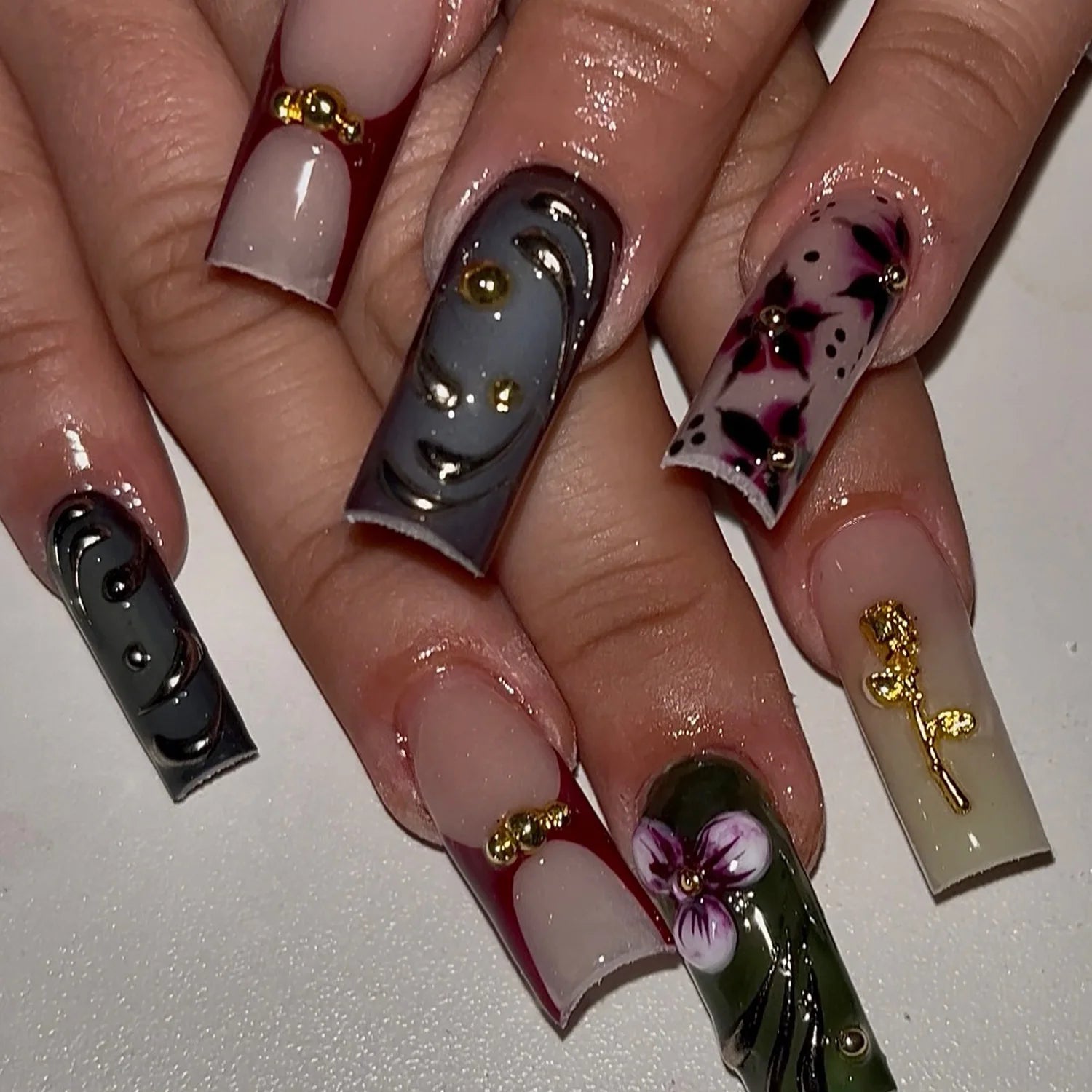 24Pcs Long Square Press on Nails Leopard Print French 3D Cherry