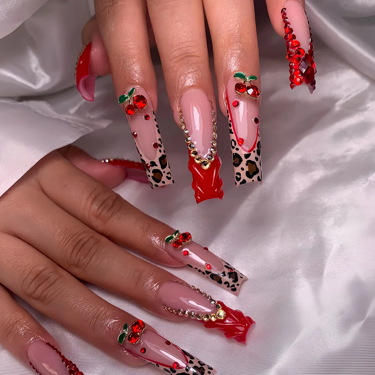 24Pcs Long Square Press on Nails Leopard Print French 3D Cherry