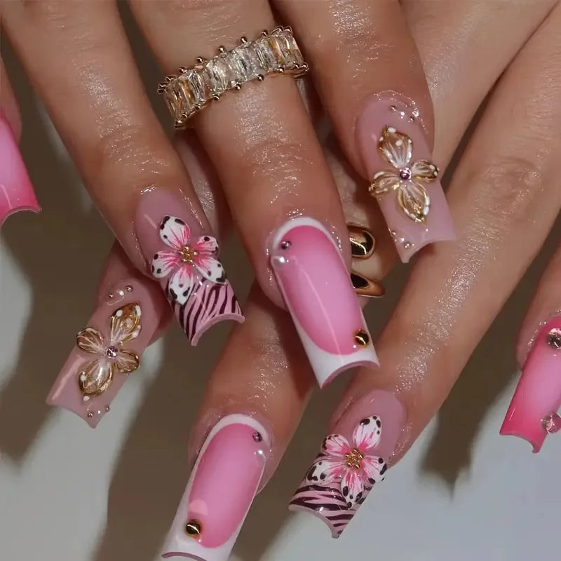 24Pcs Long Square Press on Nails Leopard Print French 3D Cherry