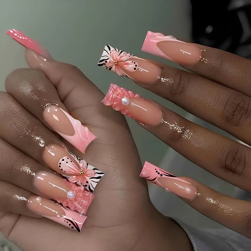 24Pcs Long Square Press on Nails Leopard Print French 3D Cherry