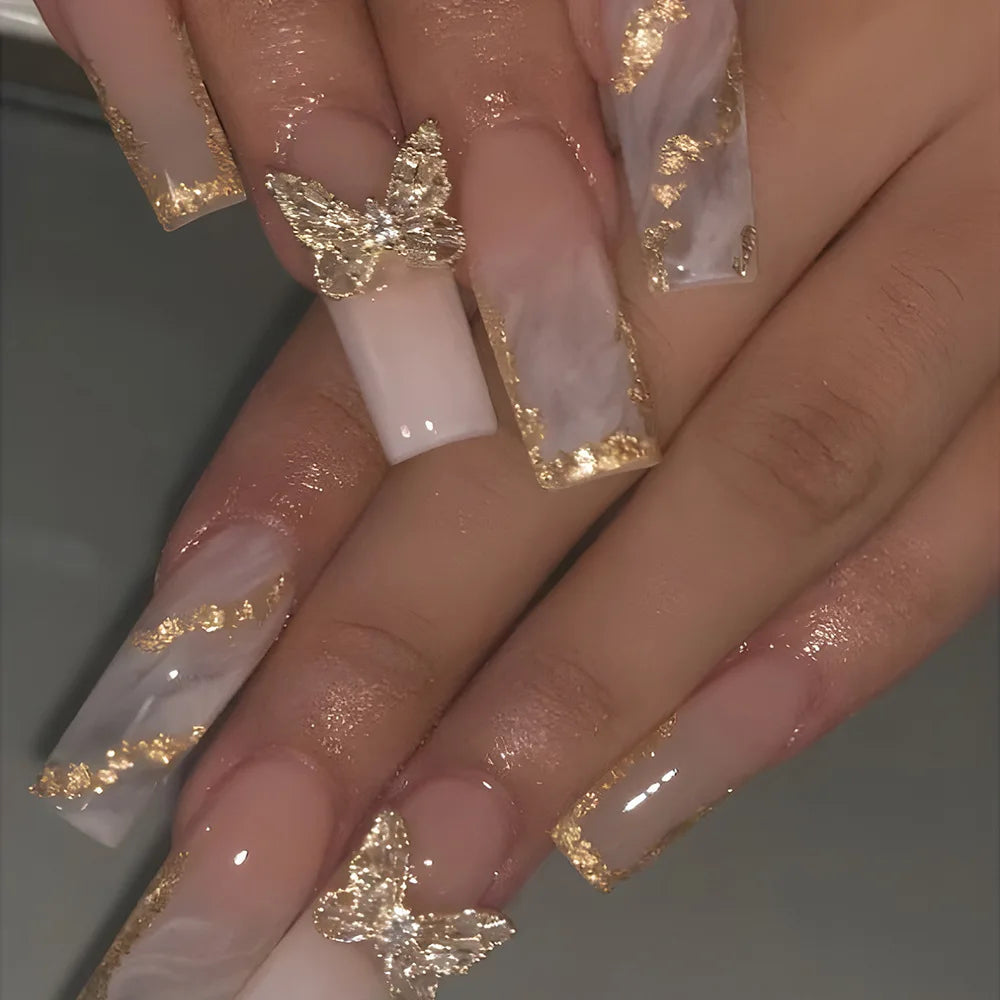 24Pcs Long Square Press on Nails Leopard Print French 3D Cherry