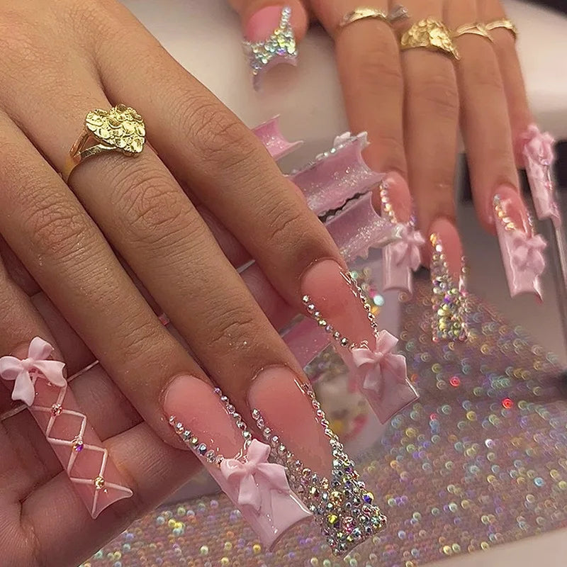 24Pcs Long Square Press on Nails Leopard Print French 3D Cherry