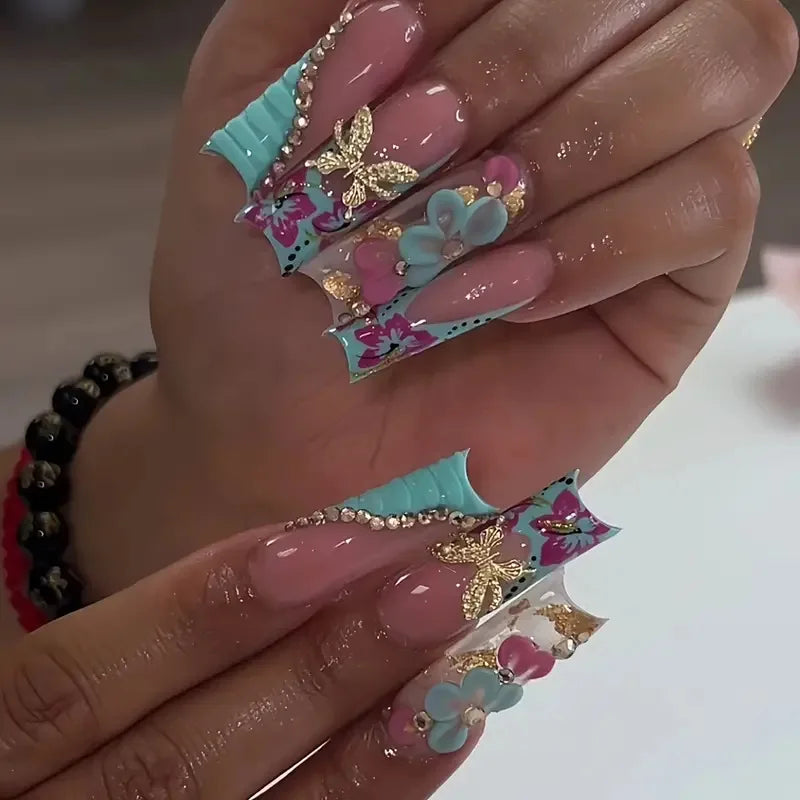 24Pcs Long Square Press on Nails Leopard Print French 3D Cherry