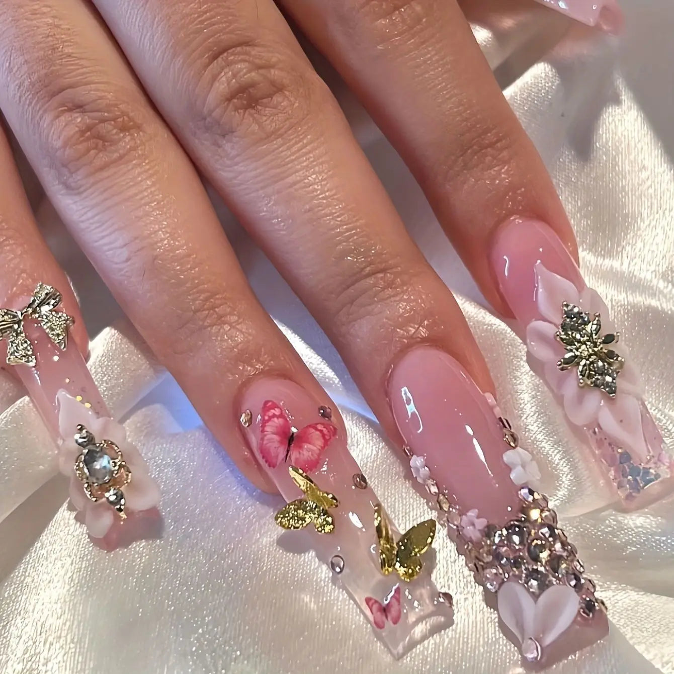 24Pcs Long Square Press on Nails Leopard Print French 3D Cherry