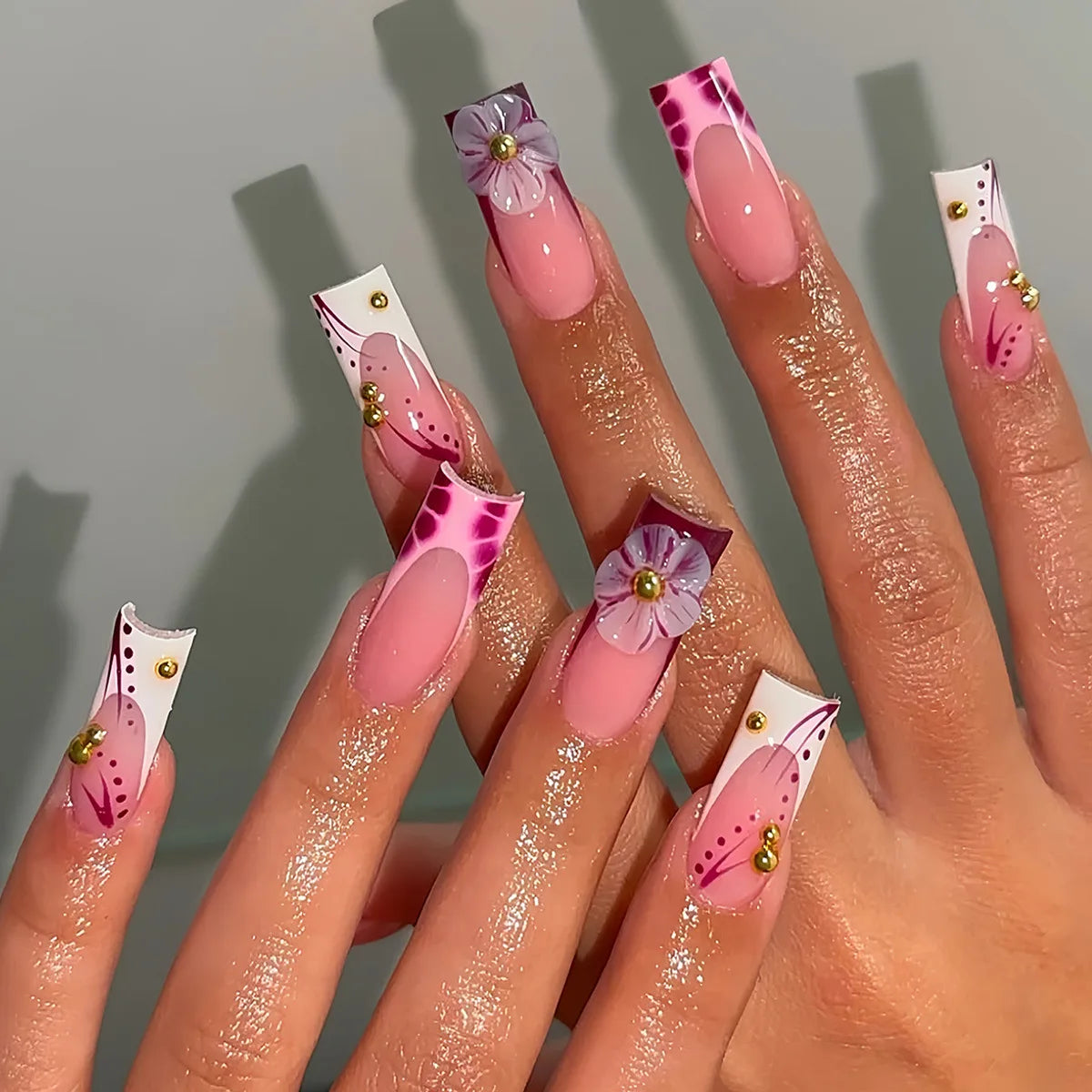 24Pcs Long Square Press on Nails Leopard Print French 3D Cherry