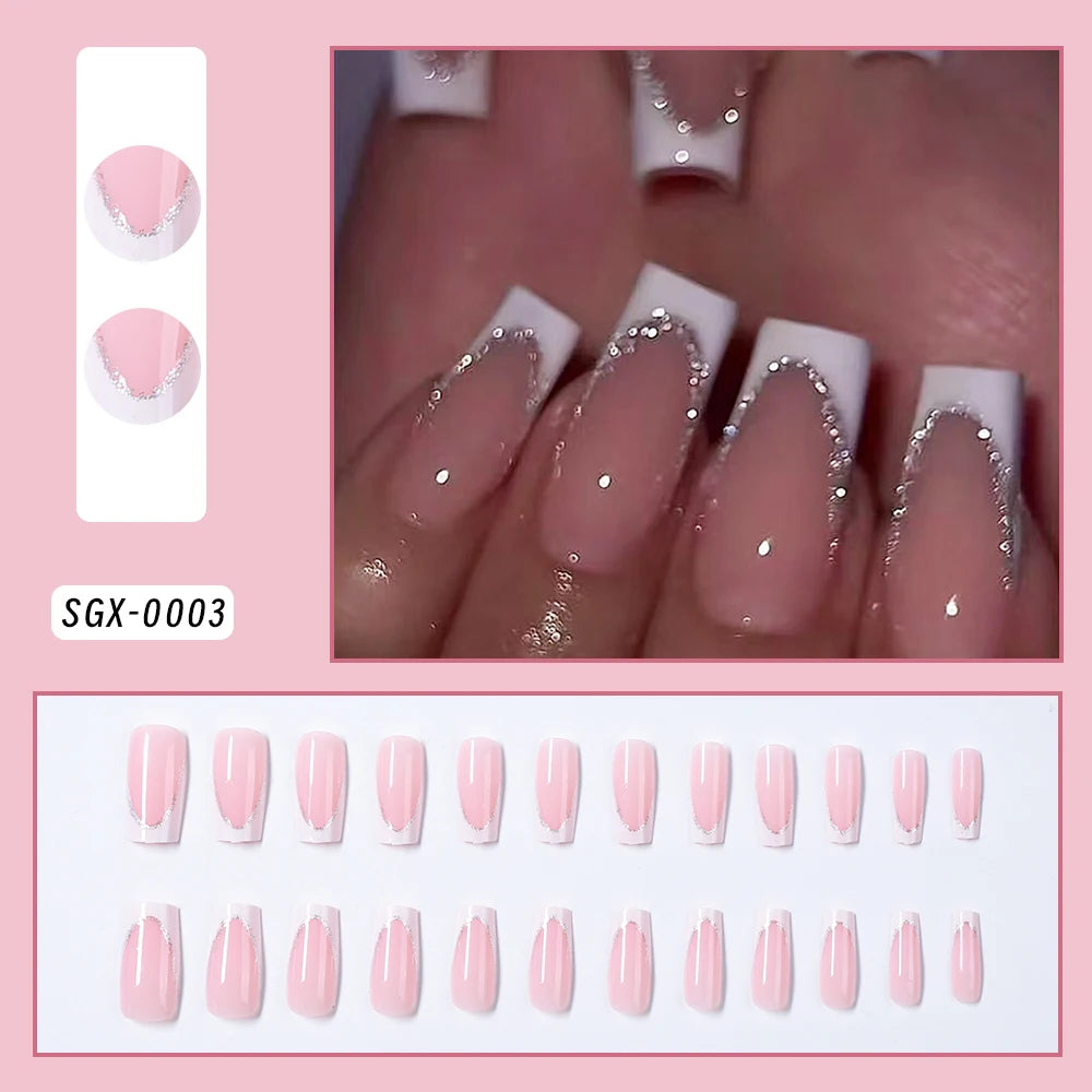 24pcs White French Ballet Nails 3D Acrylic Flowers Silver Caviar Beads Press on Nails