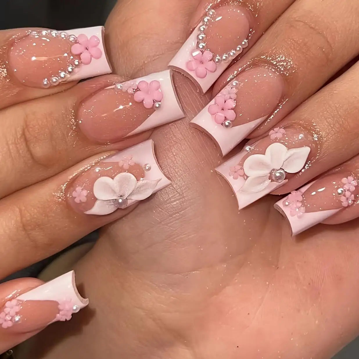 24pcs White French Ballet Nails 3D Acrylic Flowers Silver Caviar Beads Press on Nails