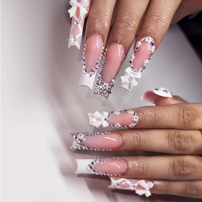 24Pcs Long Square Press on Nails Leopard Print French 3D Cherry