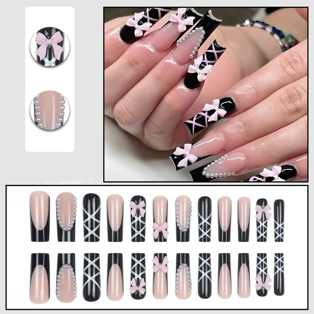 24pcs White French Ballet Nails 3D Acrylic Flowers Silver Caviar Beads Press on Nails