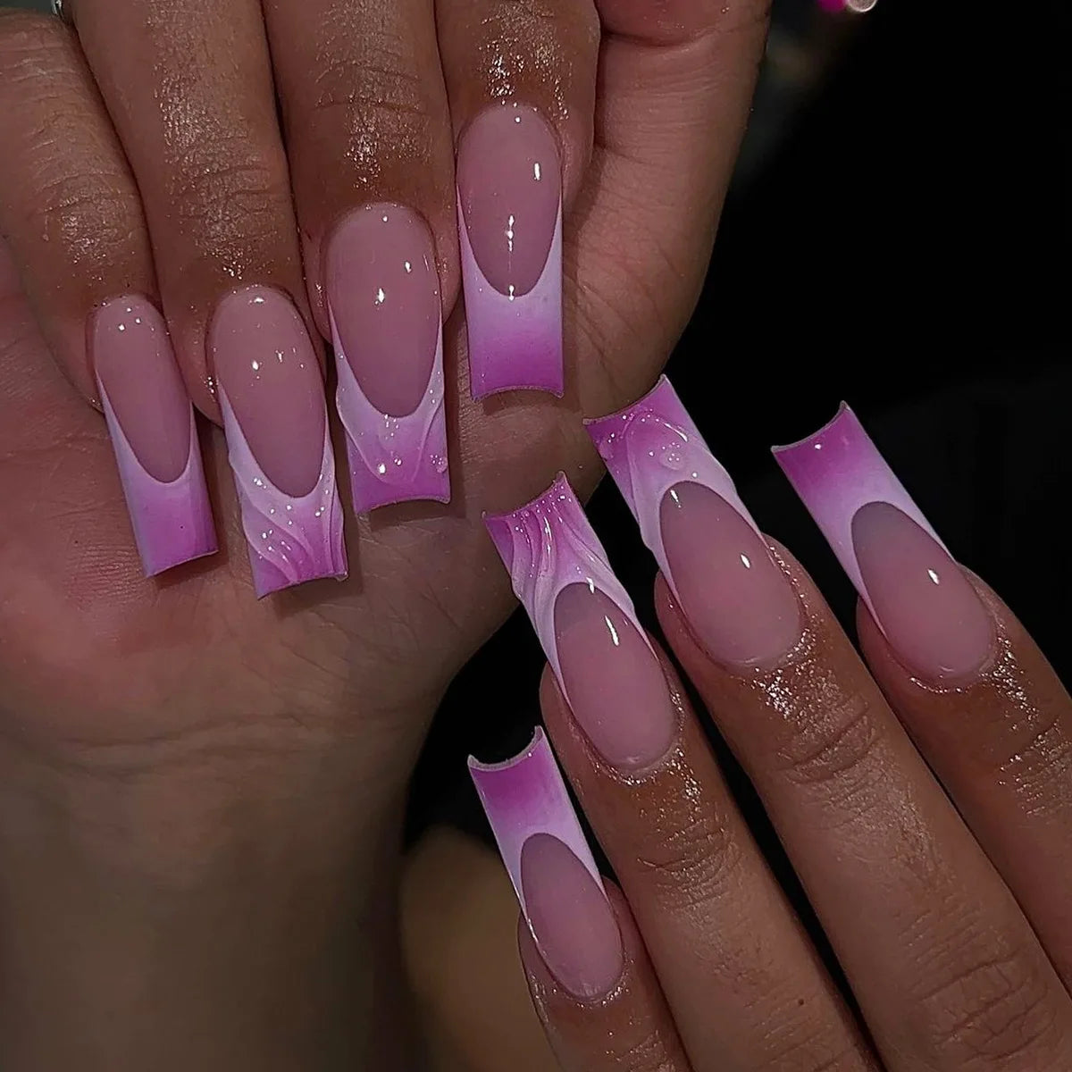 24Pcs Long Square Press on Nails Leopard Print French 3D Cherry